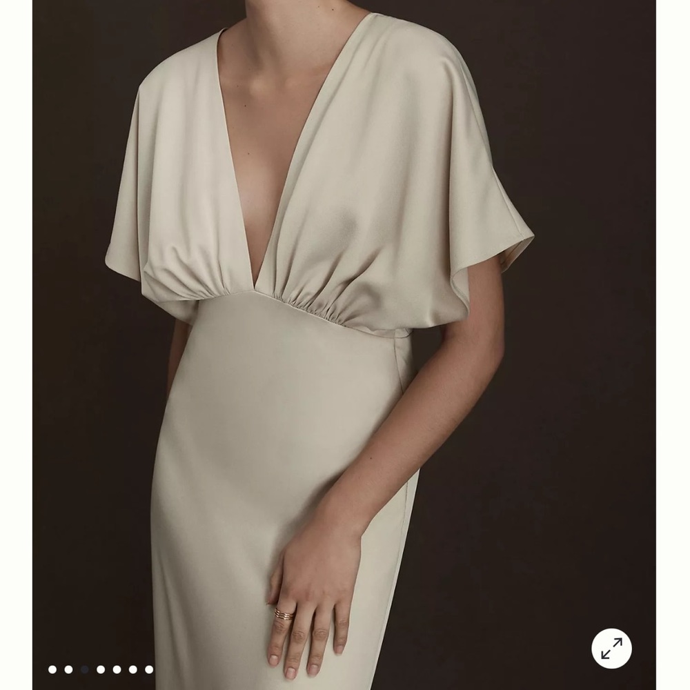 BHLDN Leila Deep-V Flutter-Sleeve Satin A-Line Gown in Champagne